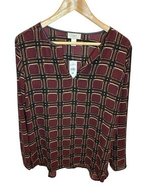 LOFT Top Women’s M Plaid Faux Leather Trim Split Neck Blouse Maroon NWT!